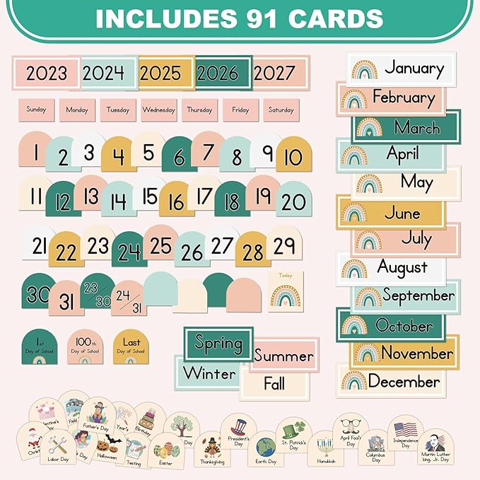 Rainbow Classroom Calendar Pocket Chart with 90 Cards, Monthly Calendar and Weather Pocket Chart for Easy Learning, Calendar Pocket Chart for Classroom, Preschool and Home, 23.5" x 20"