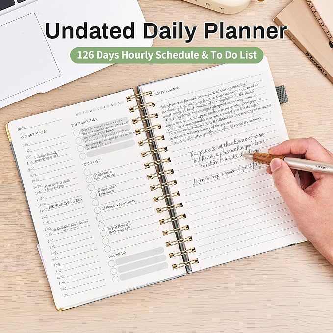 Ovesmusl Undated Daily Planner - 126 Days Hourly Schedule & To Do List - A5 Hardcover Spiral Notebook planner with stickers, Metal Corner Protectors & Back Pocket for Work & School, Bouquet