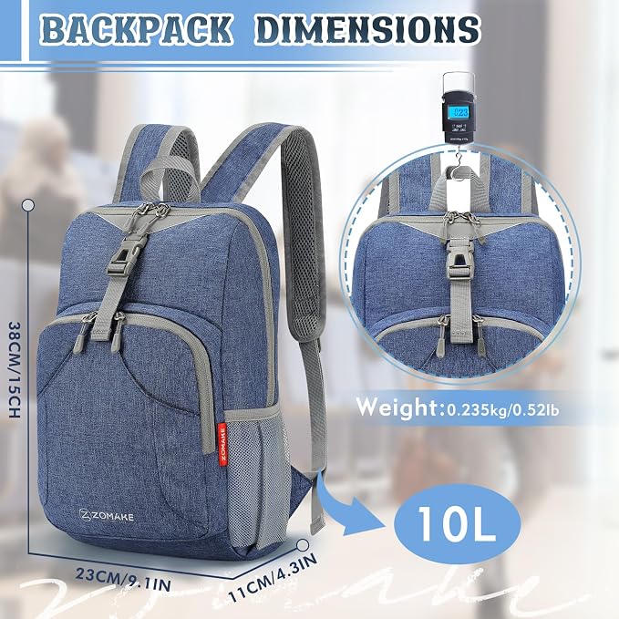 ZOMAKE Lightweight Packable Backpack, 10L Small Foldable Daypack for Hiking | Water Resistant Collapsible Backpacks for Women Men, Everyday Carry, Multi Compartment Storage,Adjustable Strap(Navy Blue A4)