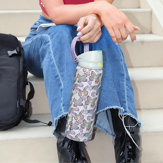 ENCOOL Leakproof Insulated Water Bottle with Straw Dual-Sip Water Bottle Bag-Safe Design for Work, Commute & Gym – Keeps Drinks Cold All Day, 32 oz, Mosaic Butterfly