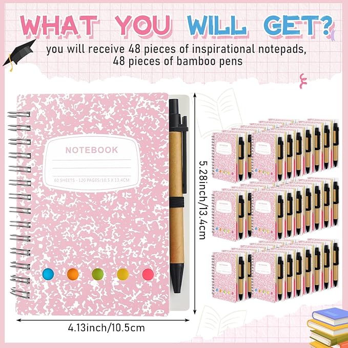 Dunzoom 24 Sets Spiral Notebook Bulk, Steno Pads Lined Notepad with Pen, Sticky Notes Colored Index Tabs, 5.2" x 4.1" Pocket Notebook for Home Business Office Supplies, 60 Sheets (Pink)