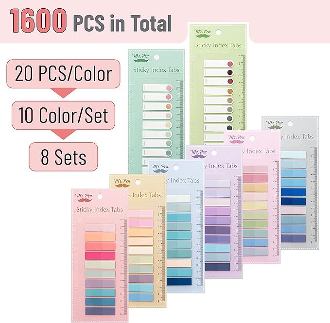 Mr. Pen- Colorful Sticky Tabs, 1600 pcs, Translucent Page Markers, Water-Resistant Book Tabs for Annotating, Bible Study, Planning, Indexing & Document Organization