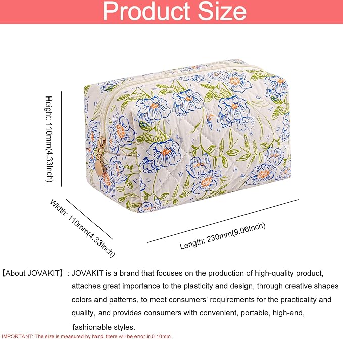 JOVAKIT Square Makeup Bag Cute Cosmetic Bag for Women, Floral Coquette Aesthetic Toiletry Bag, Zipper Make Up Pouch, Travel Make Up Organizer Bag (Big Blue Flower)
