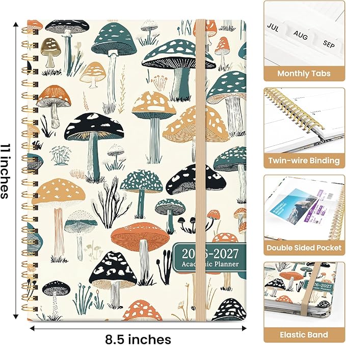 Planner 2026-2027, Academic Year Weekly and Monthly Calender Planner, from Jul 2026 - Jun 2027, Spiral Bound School Planning Book, Perfect for Teacher, Student, Women & Men, A4 (8.5" x 11"), Mushrooms Grove