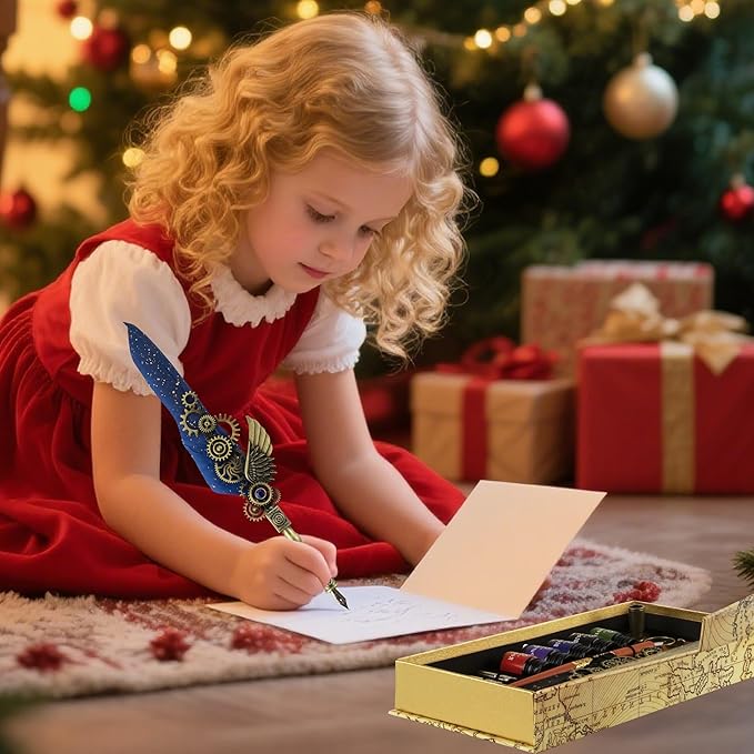 Feather Pen and Ink Set Calligraphy Kit for Beginners with Quill Pen, Antique Vintage Stationary Set for Writing, Signing & Hand Lettering Art(Blue feather)