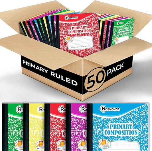 Rosmonde Composition Notebooks Primary Ruled 50 Pack, 200 Pages (100 Sheets), Color Marble Composition Notebook, Grades K-2, Bulk Primary Composition Notebook, Writing Dotted Lined