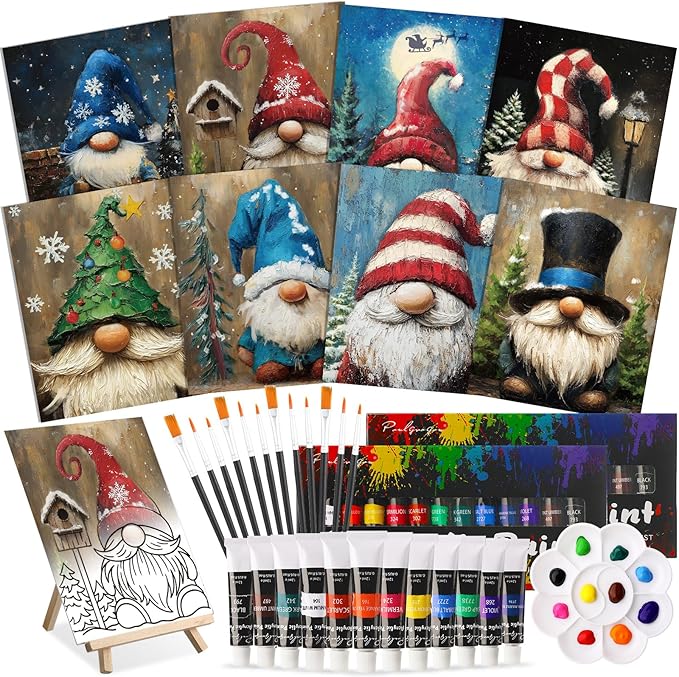 Cholemy 36 Pcs Paint and Sip Kit for Adults 8''x10'' Pre Drawn Canvas for Painting DIY Afro Acrylic Painting Kit Wood Easel Brushes Date Night Bulk for Father's Day Party Gifts(Christmas Gnomes)