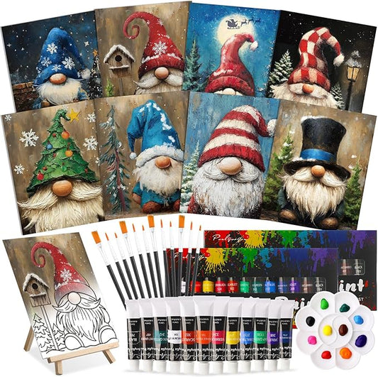 Cholemy 36 Pcs Paint and Sip Kit for Adults 8''x10'' Pre Drawn Canvas for Painting DIY Afro Acrylic Painting Kit Wood Easel Brushes Date Night Bulk for Father's Day Party Gifts(Christmas Gnomes)