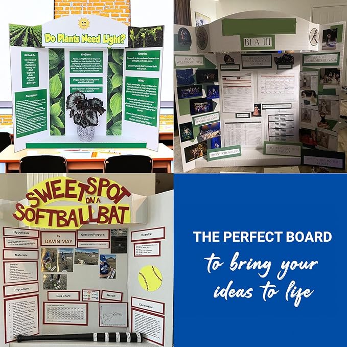Royal Brites Stage-It Display Board, 37" x 44" 5 Pack Tri-fold Presentation Board with 3D Pop-Out Header & Shelf, White Corrugated Board for Science Fairs, School Projects, Work Presentations - 5 Pack