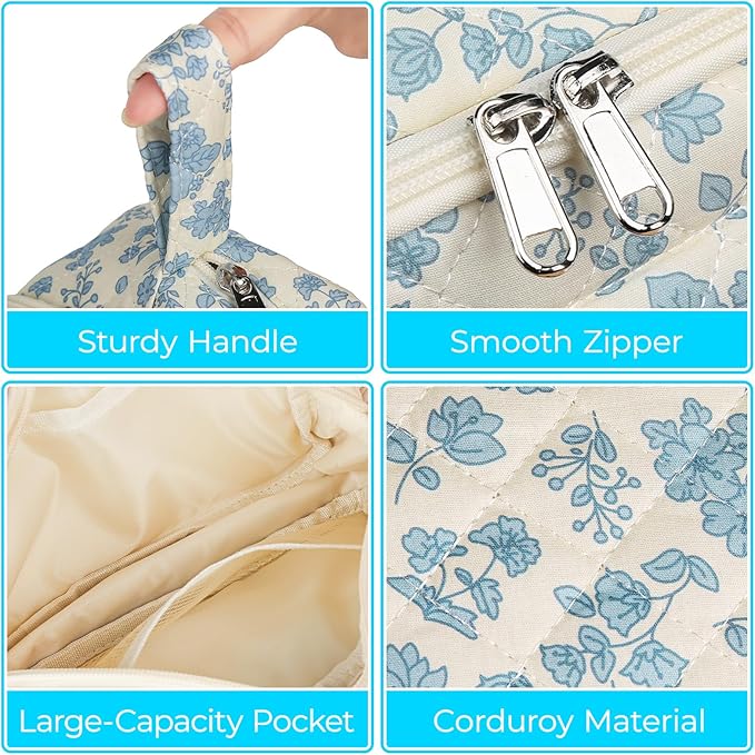 WOBAGMEN Quilted Pencil Pouch for Girls Women, Large Pencil Case Pouch with Compartments Cute Aesthetic Pencil Case Organizer, Floral Pencil Bag for School Supplies (blue floral)