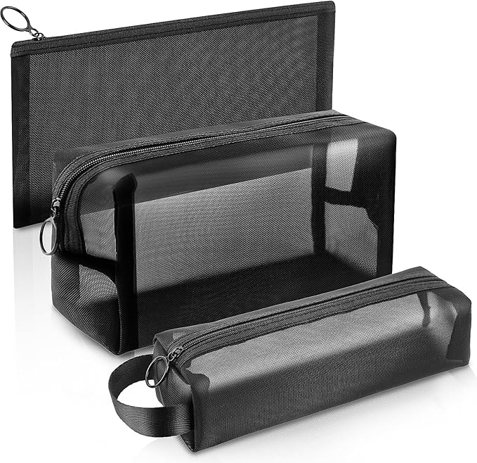 Mesh Pencil Case 3 Pack Clear Pencil Pouch, Pencil Bag, Cosmetic Toiletry Bag for Purse, College Essentials School Supplies (Black)