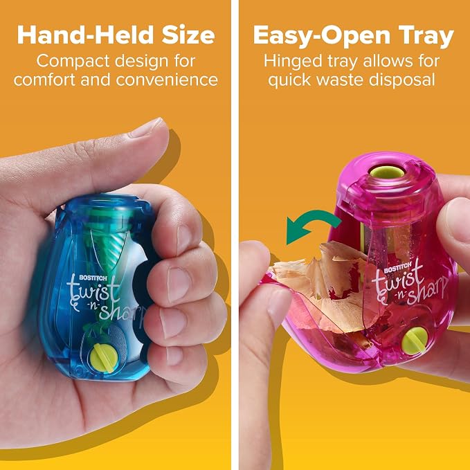 Bostitch Office Pencil Sharpener, Manual, One Assorted Color, Twist-n-Sharp, Kids, Boys, Girls, Colored Pencils, 1 Pack | 1 Assorted Color, Adjustable for fine point or blunt tip. Easy to use, twist instead of crank. Works on any standard pencil.