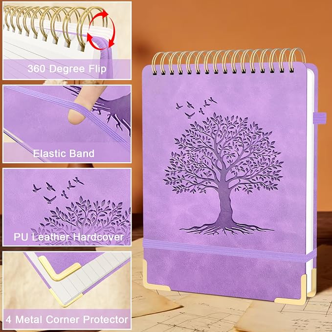 Mousbull A4 Top Spiral Notebook, Tree Pattern Large Leather Hardcover Left Handed Journal, 240 Pages 100 Gsm Lined Paper Top Bound Steno Pads for Work, School, Travel Writing - Purple, 8.5" x 11"