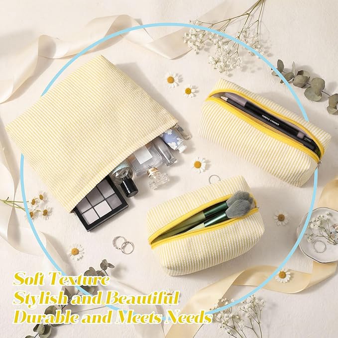 Huhumy 3 Pcs Makeup Bag Set Cute Stripe Cosmetic Pouch for Women Aesthetic Seersucker Travel Toiletry Bag Set Preppy Small Makeup Purse Pouch Cosmetic Organizer Pencil Case with Zipper(Yellow)