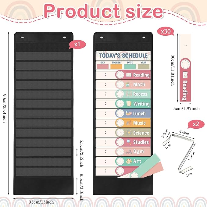 Pasimy Daily Schedule Pocket Chart with 31 Reusable Cards and 14 Pockets Classroom Decor Farmhouse Schedule Charts for School Office Home Educational Activity (Rainbow)