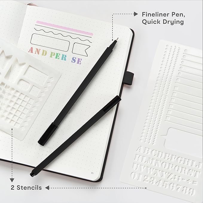 &And Per Se Dotted Journal Notebook 3 Pack, A5 Hardcover with Journal Dotted Pages, Stencils & Pens, 176 Numbered Pages Each for Students Teachers Office (Green)