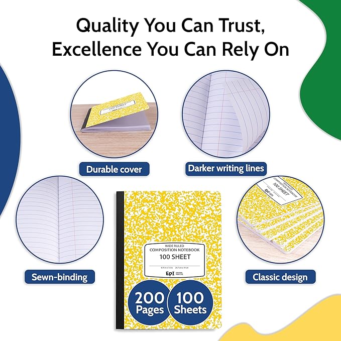 12 Pack - EPI Wide Ruled Marble Composition Notebook - Yellow 200 Page Note Book - 9.75 x 7.5 Inch Hardcover Journal with Sewn Binding for Secure Pages - Classroom Back to School Supplies
