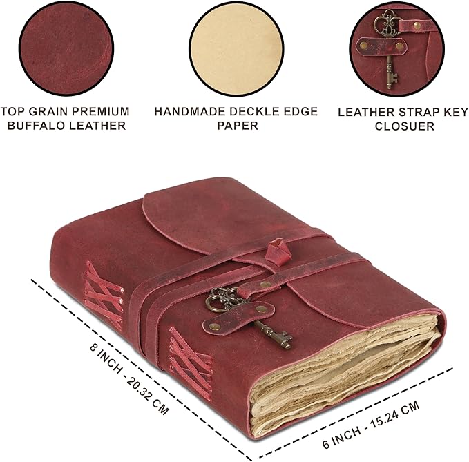 Leather Journal with Unlined Deckle Edge Paper 8x6 inch and Vintage Key | Handmade Writing Notebook Diary | Bound Daily Notepad for Men & Women Medium, Sketch/Writing pad for Artists