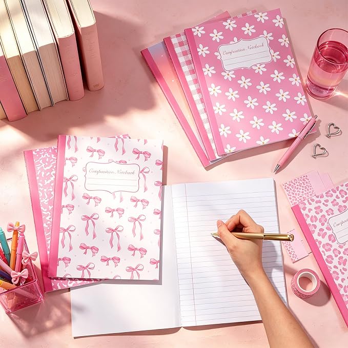6 Pack Large Composition Notebooks Bulk 9.8 × 7.5 in Wide Ruled Hard Cover Composition Book Assorted Marble Journal College Ruled Paper for Adult Student College Office Back to School Supplies(Pink)