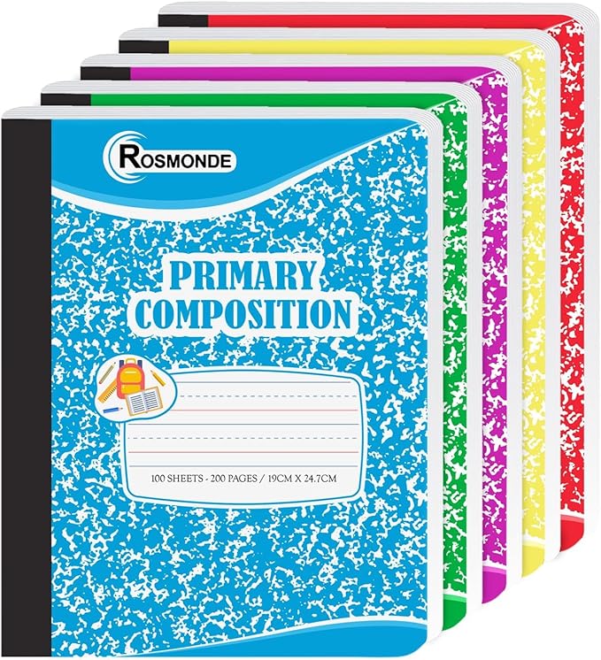 Rosmonde 5 Pack Primary Composition Notebooks, 200 Pages (100 Sheets), Grades K-2 Writing Workbook, 9-3/4" x 7-1/2", Primary Composition Notebook, Writing Dotted Lined, Assorted Marble