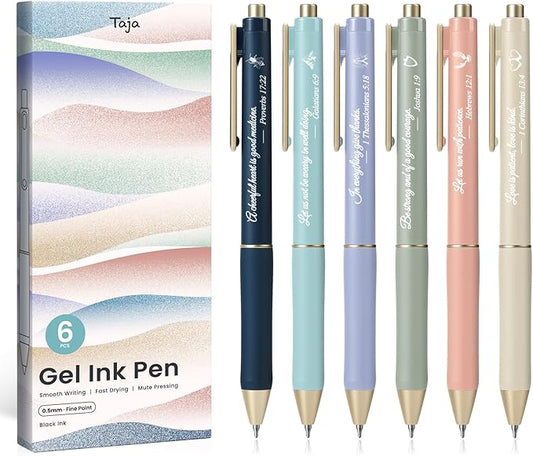 Taja Gel Pens, 6 Pcs Quick Dry Black Gel Ink Pens, 0.5mm Fine Point Smooth Writing Pens for Journaling and Note Taking, Cute Aesthetic Pens for Women & Men-Bible