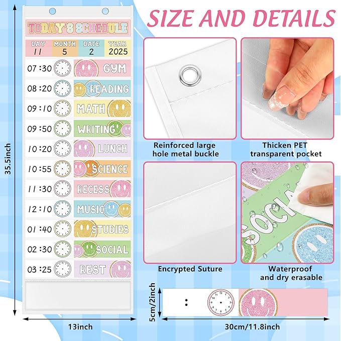 JarThenaAMCS Pastel Smile Face Daily Schedule Pocket Chart 13 x 35.5 In Glitter 13 + 1 Pocket Visual Schedule Chart Board with 24 Card for Classroom Home Office Supplies