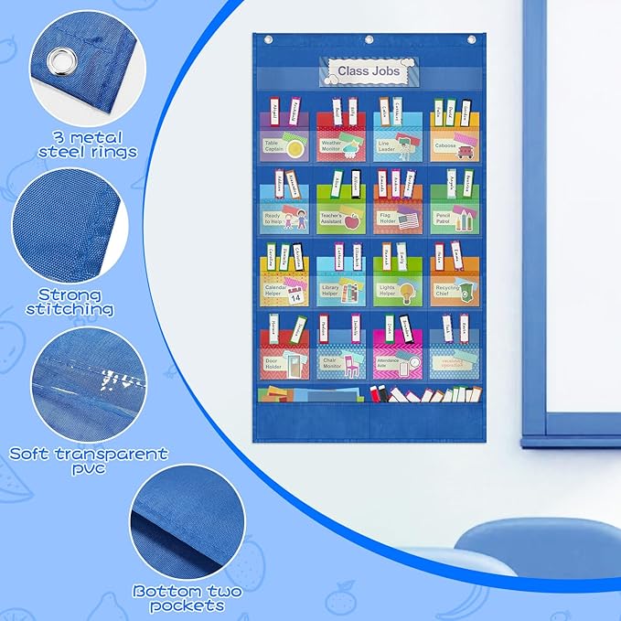 Grekos Class Jobs Pocket Chart, Management Educational Pocket Chart Teacher's Helper with 78 Cards Pockets Must Have for Kindergarten Preschool Elementary Classroom Decor (Blue)