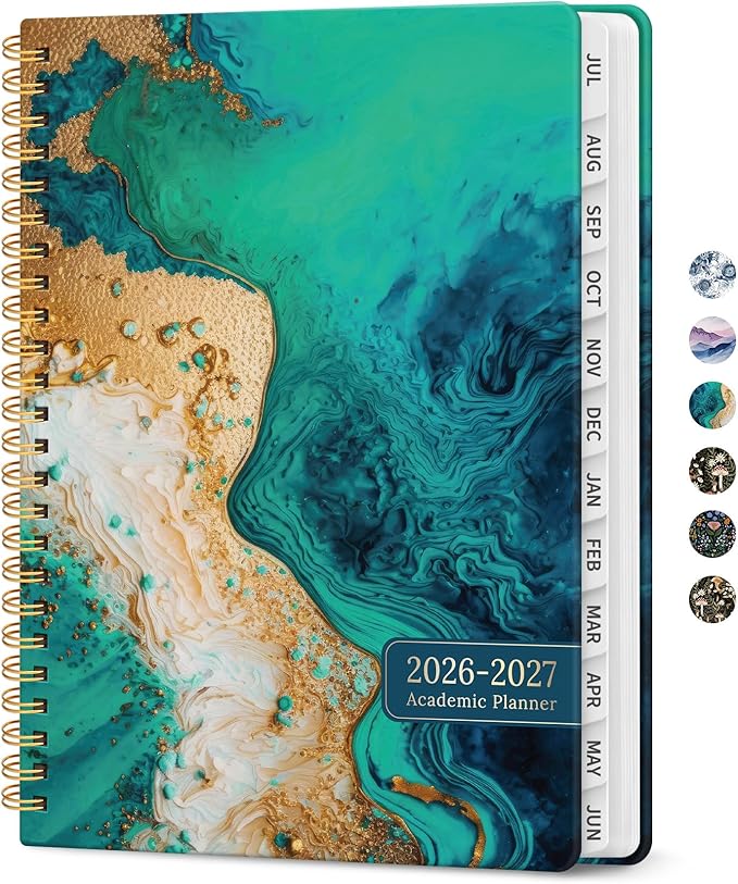 Planner 2026-2027, Academic Monthly and Weekly Calendar Planner for Women, July 2026 - June 2027, Hardcover Pretty Agenda Planner Book with Tabs, Spiral Daily Organizer for School Office Home Supplies, 6.3" x 8.5" - Emerald Shores