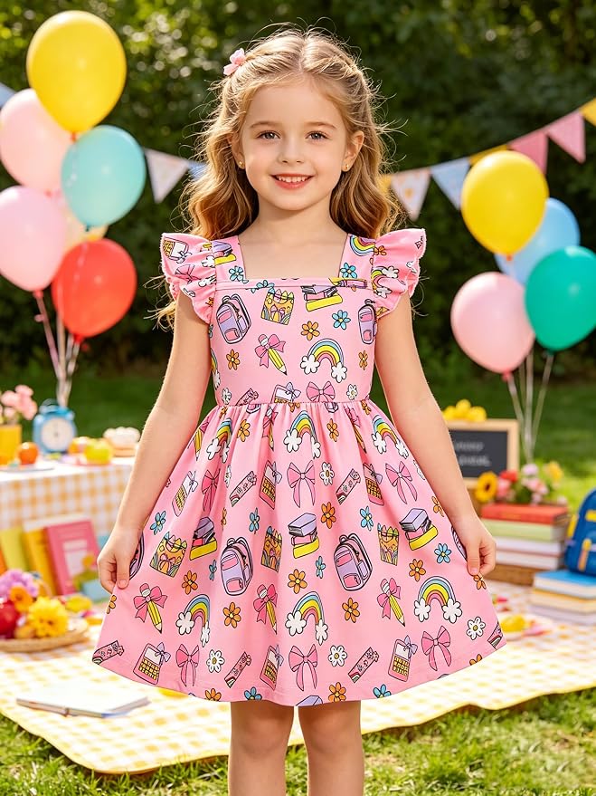 Popshion Girls Dresses Flutter Sleeve Swing Sundress Toddler Summer Clothes Kid Birthday Party Sleeveless Dress 1-8 Years Old