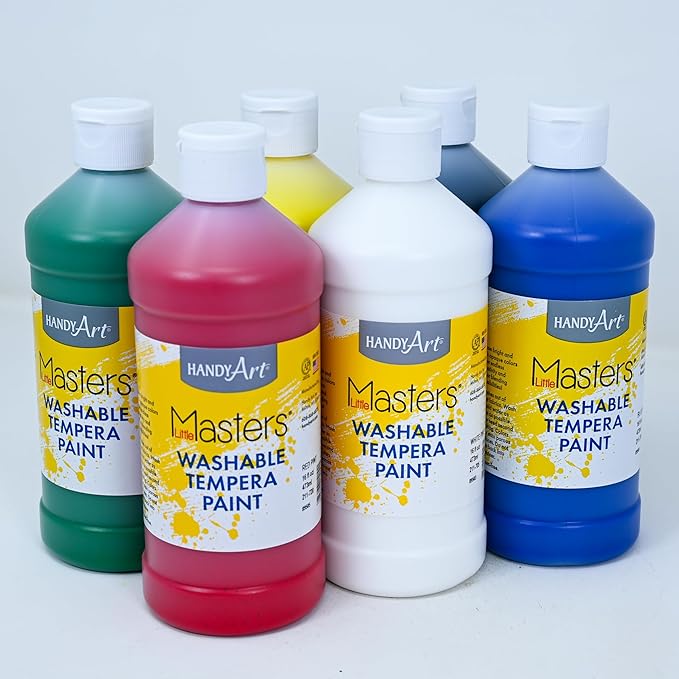 Handy Art Little Masters Washable Tempera Paint, 16 oz Bottles, Set of 6 Colors, Bright & Mixable, Washable Colors for Classroom, Students, Kids, Young Artists, Safe & Non-Toxic, Made in USA