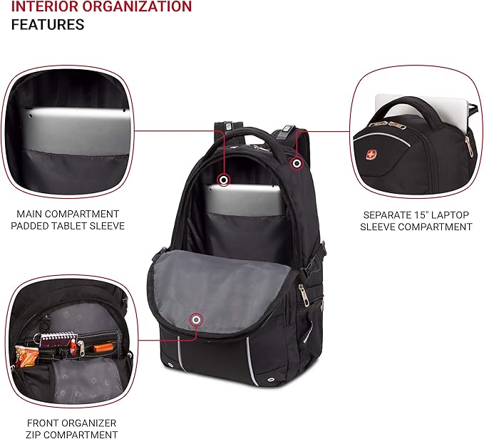 SwissGear 3258 Laptop Backpack, Fits Most 17 Inch Laptops, Secure Computer Sleeve for Travel, Work, School, Men's and Women's - Black