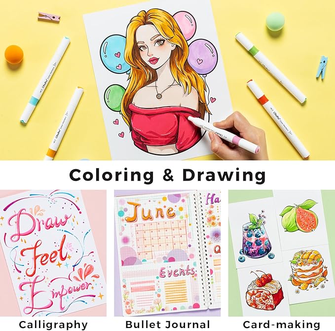Ohuhu Markers for Adult Coloring Books No Bleeding 64 Colors Brush & Fine Water-based Coloring Markers Dual Tips Drawing Pens for Kids Adults Beginners Lettering Journaling