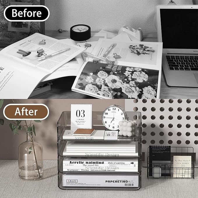 FANXIYQ 4-Tier Horizontal Acrylic Paper Tray Organizer | Clear Stackable Desk Organizer for Documents, Letters, A4 Paper | Modern Office/Classroom/Home Organization,Brown