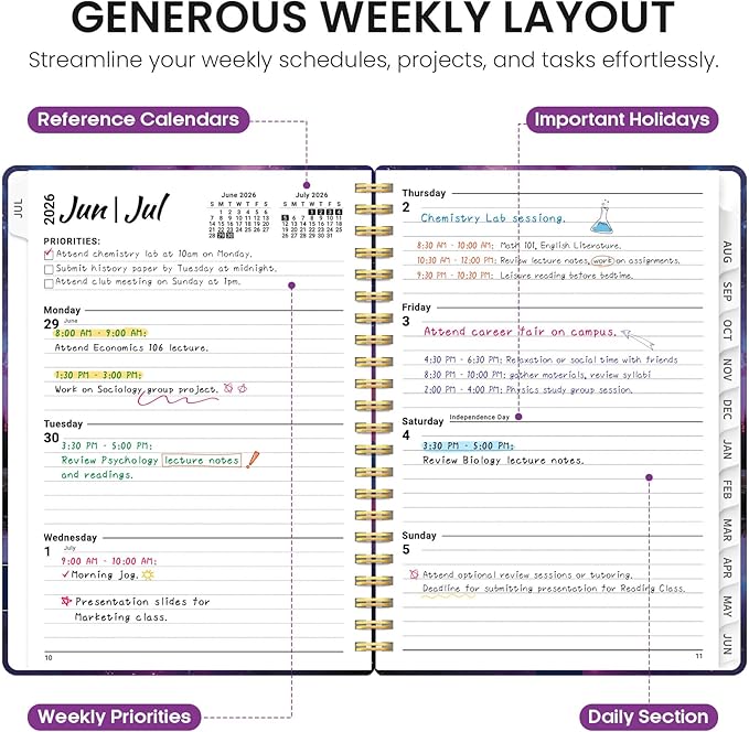 Planner 2026–2027, Academic Monthly Weekly Spiral Calendar, July 2026 – June 2027, Hardcover Agenda Notebook with Tabs, 6.3" x 8.5", Perfect for Students, Teachers, School & Daily Planning - Violet Lagoon