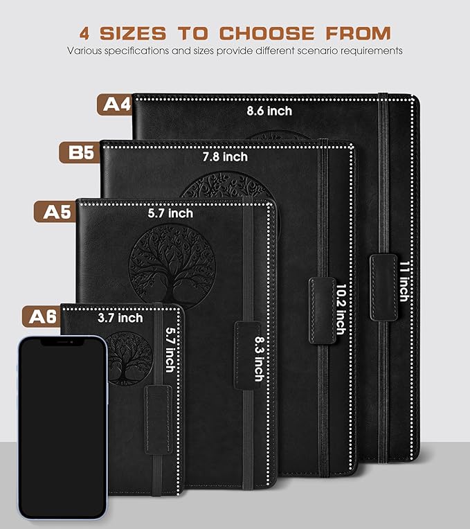 Biuwory Blank Journal Notebook for Women Men, Hardcover Leather Sketchbook 5.7"×8.3", 140 Pages Unlined Sketch book for Drawing, Writing, Travel, School & Work, Journaling Notebooks (Black)