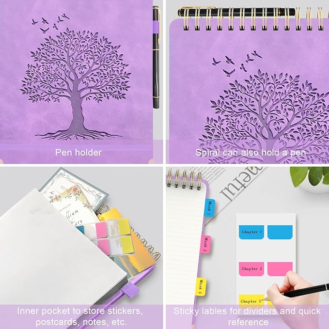Mousbull A4 Top Spiral Notebook, Tree Pattern Large Leather Hardcover Left Handed Journal, 240 Pages 100 Gsm Lined Paper Top Bound Steno Pads for Work, School, Travel Writing - Purple, 8.5" x 11"