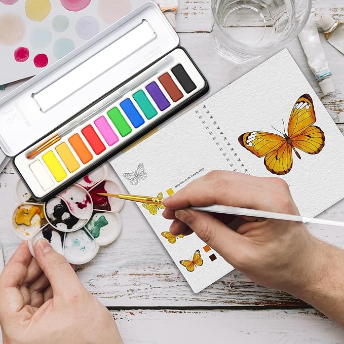 2-Pack Beginner Watercolor Workbooks: 24 Coloring Pages + 12 Watercolor Paints + Brush – 300gsm/140lb Paper – Gift for Women, Adults & Beginners (Autumn & Kitchen)
