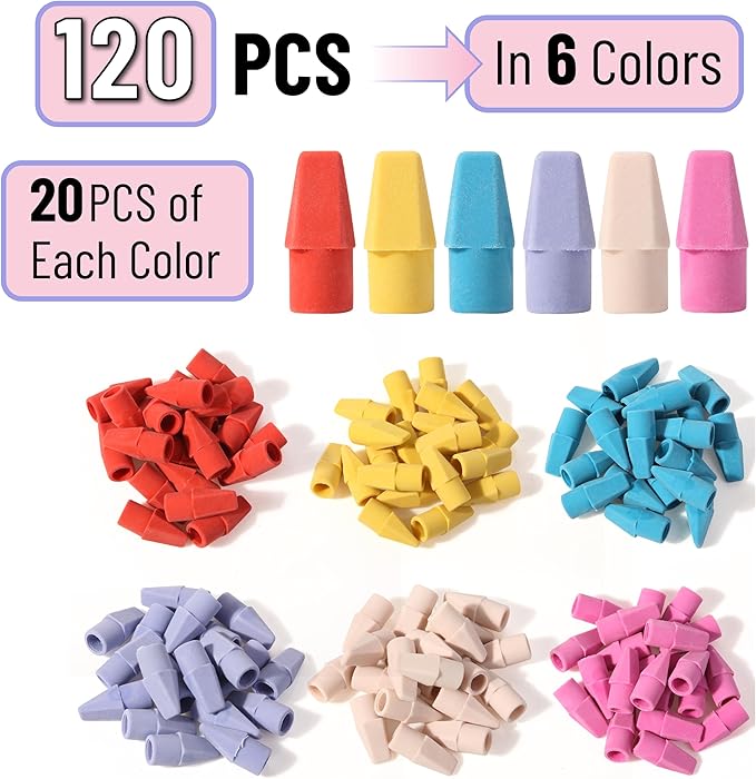 Mr. Pen- Pencil Erasers Toppers, 120 Pack, Colorful, Latex Free, No Smudge, Mr Pen Erasers for Pencils, Pencil Top Erasers, Eraser Caps, Eraser Tops