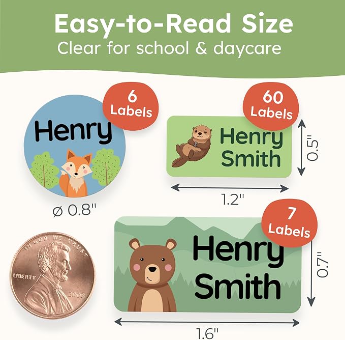 Personalized Daycare Name Labels for Kids [70pcs, Animal Forest] - Waterproof Name Stickers for School, Baby Bottles & Clothing - Custom Name Stickers - Washable Stick On Labels (Various Sizes) | Self adhesive and machine washable, name labels for kind...