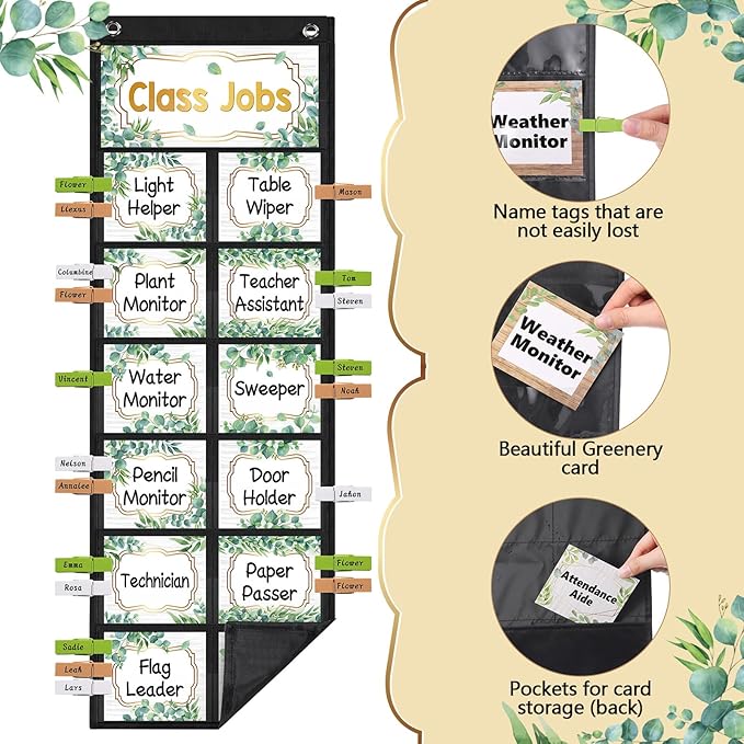 Pasimy Eucalyptus Class Jobs Pocket Chart Class Helpers Pocket Chart Classroom Jobs Cards with Clips and Hooks Teacher Helper Bulletin Board Set for Back to School Classroom Teacher Supplies