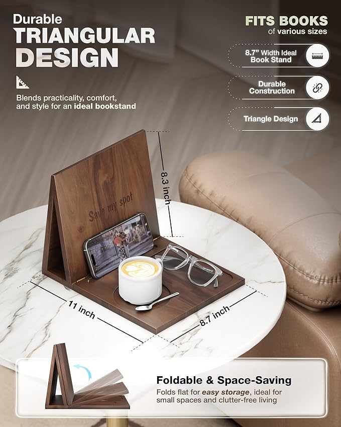 Triangle Book Holder, Book Rest, Acacia Foldable Book Nook Reading Valet, Triangle Book Stand with Cup, Pen, Glasses and Phone Holder for Bedroom, Nightstand or Office, Gifts for Book Lover (Walnut)