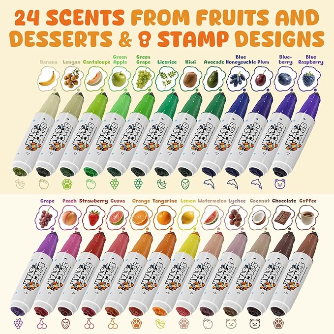 Betem Scented Washable Markers for Kids 24 Colors Stamp Markers for Toddlers, Non Toxic Water-based Dual Tip Marker Set for Kids, Coloring Markers for Classroom Art Supplies with Portable Bag