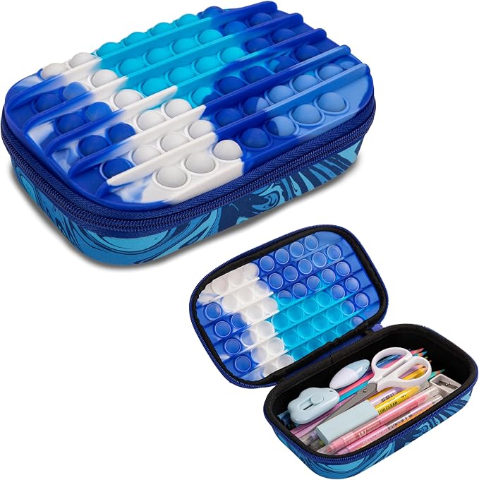 ZIPIT POP Pencil Case for Boys, Silicone Sensory Fidget Pencil Box, Blue | Playful box for kids with tactile top, sturdy crack-proof shell, secure zipper, large capacity holds 60 pens & pencils