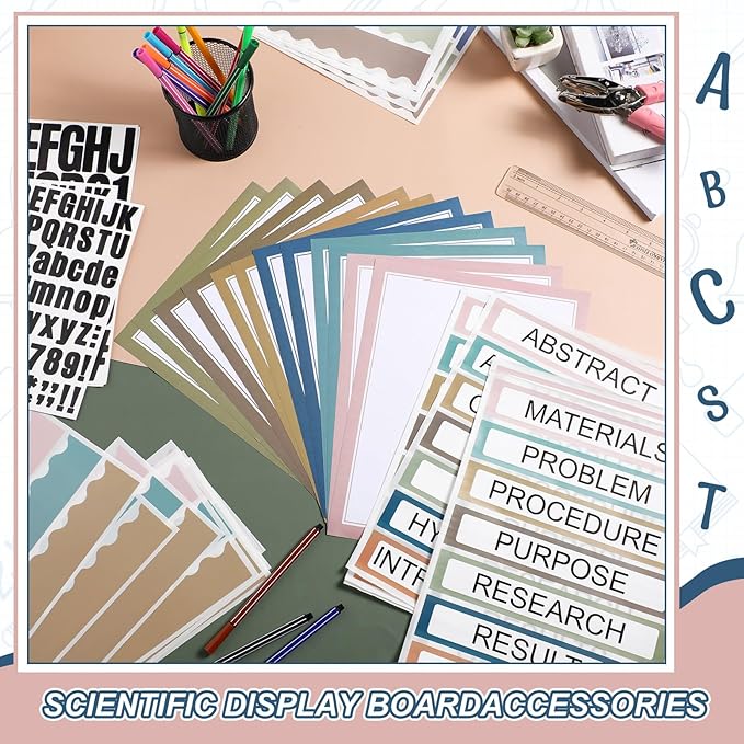 Sinload 92 Pcs Science Fair Board Supplies 60 Trim Scalloped Poster Boards 18 Presentation Subtitles 6 Project Titles 8 Letter Sticker for Classroom Display Boards(Classic Color,Wave)