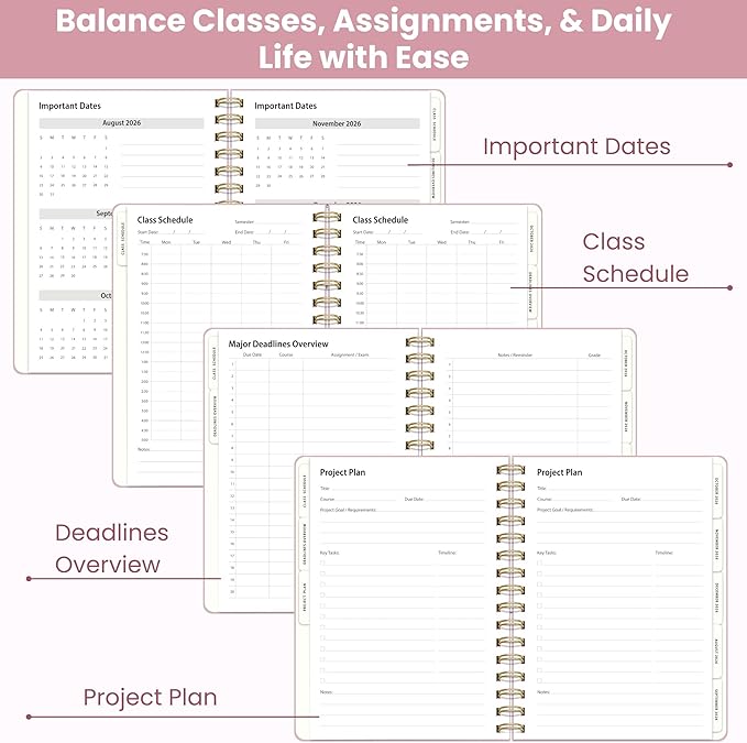 Academic Planner Aug 2026-July 2027, A5 Size, Student Planner with Monthly & Weekly Layout, Spiral Planner with Tabs, Class Schedule, Major Deadlines & Project Planning (Pink)