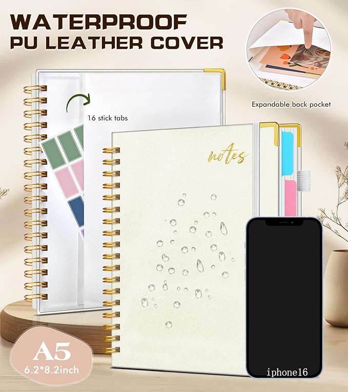 5 Subject Spiral Notebook Journal with Removable Dividers Tabs, 300 Pages Organizer Notebooks for Work School, A5 Hardcover Leather Notebook College Ruled, Lined Journal for Women Men，White