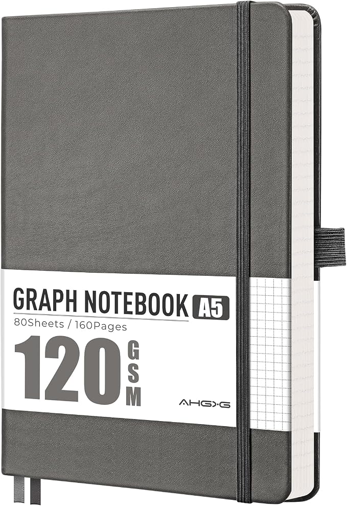 AHGXG Graph Grid Paper Notebook, 160 Pages, A5 Medium Size (5.7'' x 8.3'')
