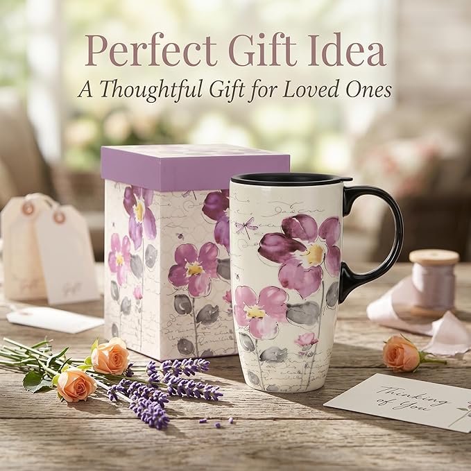 Topadorn Tall Ceramic Travel Mug 17 oz. Coffee Cups Sealed Lid With Color Box (Purple Flower)