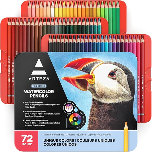 ARTEZA Watercolor Pencils, Set of 72, Water-Soluble Colored Pencils with 4 mm Break-Resistant Core, Pre-Sharpened Tips and Metal Tin for Drawing, Shading, Blending, and Wet or Dry Techniques