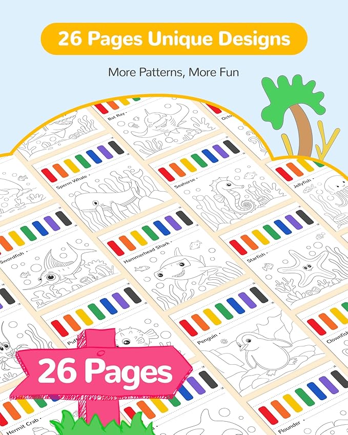 TECJOE Paint with Water Coloring Books for Toddlers, Marine Animal Series Watercolor Set with 3 Brushes, Mess Free Painting Activity for Kids Ages 4 5 6 7 8, Arts & Crafts Toy